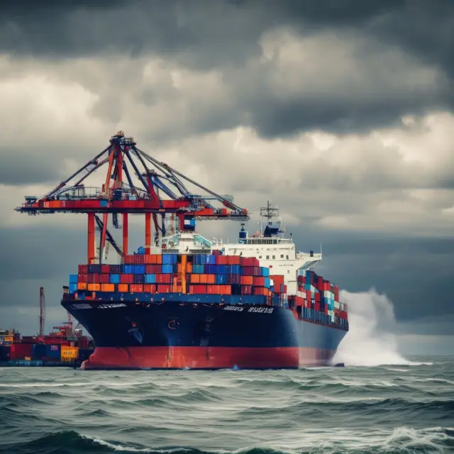 A turbulent sea with ships representing trade relations, tariffs causing waves disrupting durable goods orders