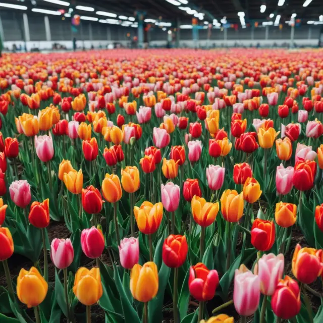 A bustling marketplace filled with bulb traders negotiating deals while tulips bloom from a vast sea of contracts. Illustrates the Dutch tulip mania