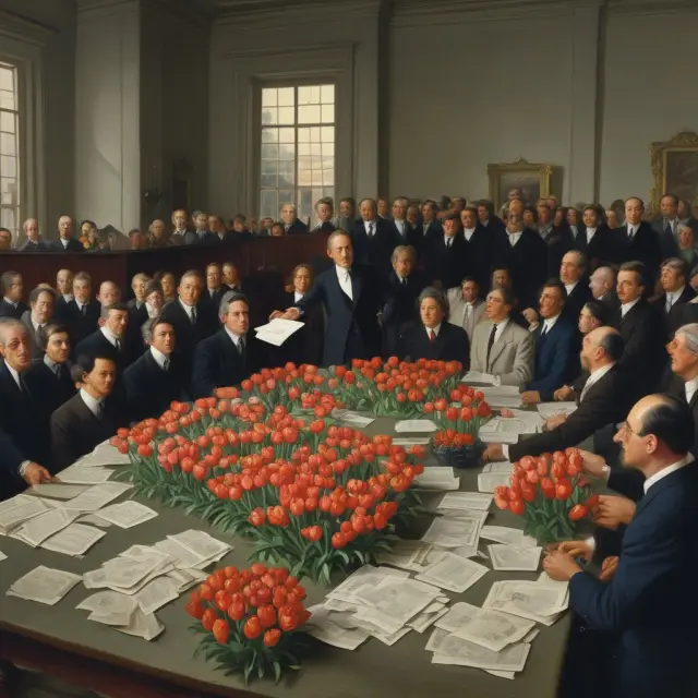 An image of a Dutch auctioneer selling floating-rate debt instruments in the style of a traditional tulip auction, with interested investors gathered around and bidding on various yield offerings