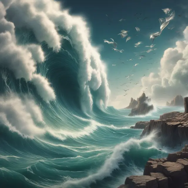A powerful currency wave crashes onto manufacturing islands, illustrating the impact of Dutch disease on export competitiveness