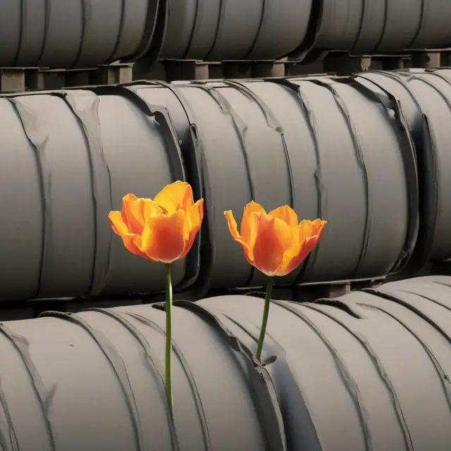 A Dutch tulip field surrounded by oil barrels and a waterfall of gold coins signifying foreign investment, representing the economic phenomenon of Dutch disease