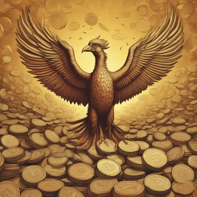 A mythical Phoenix rising from a sea of golden coins, illustrating the recovery process for economies dealing with Dutch Disease