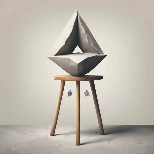 Three-legged stool symbolizing resource boom, real exchange rate, and affected industries in Dutch disease; balancing on a dynamic economic landscape.