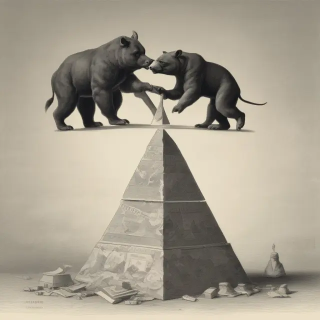 Delivery bull hands securities to payment bear on a tetrahedron symbolizing global agreements strengthening the DVP system