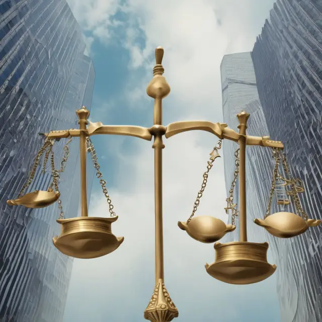 Golden scales balancing two towering financial institutions, representing regulatory adherence and risk mitigation in DVP systems