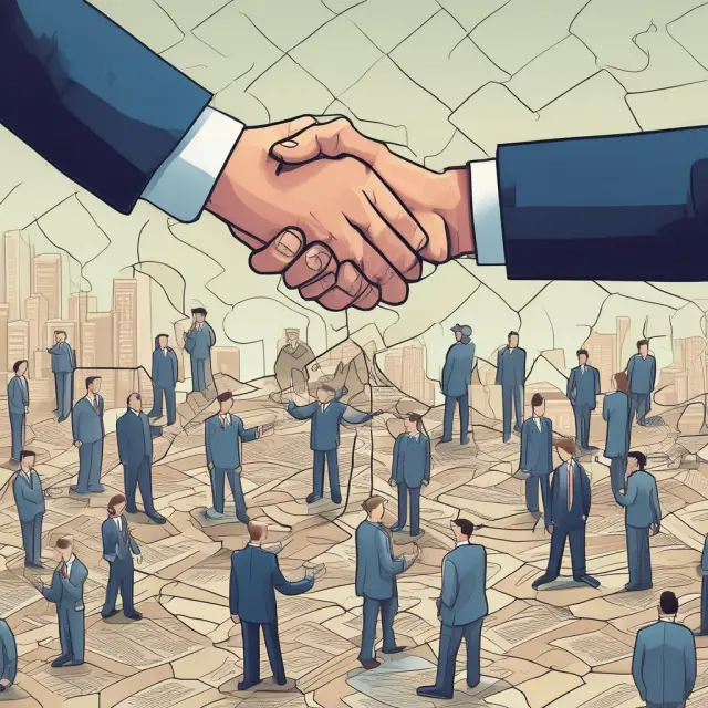 A Central Securities Depository distributes securities puzzle pieces to banks, and clearing houses facilitate connections between them through interlinked hands.