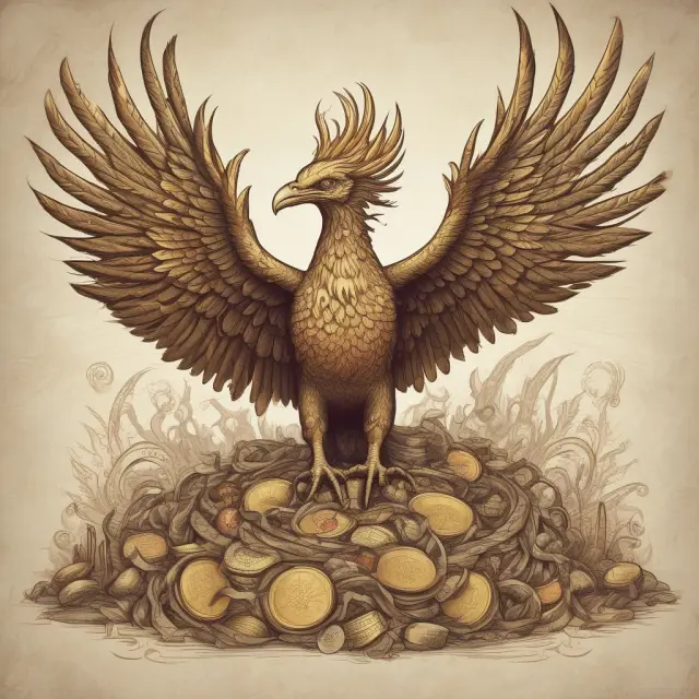 Phoenix rising with manuscripts, gold coins, illustrating eternal legacy through dynasty trusts