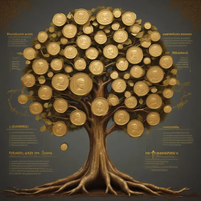 A sturdy golden family tree blooming with coins, symbolizing the creation and growth of a dynasty trust.