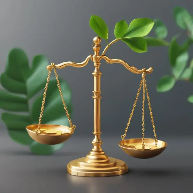 Golden scales weighing Environmental Impact Costs (green leaves) alongside Equivalent Annual Costs (gold coins)