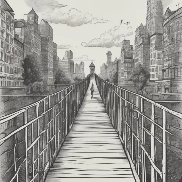 Early adopter standing on a bridge between innovation and society, symbolizing the balance of risk and access to wealth.