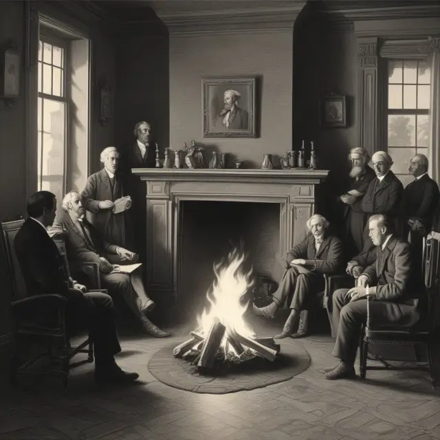 Early adopters huddled around a fireplace, discussing groundbreaking ideas and shaping the future