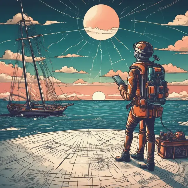 Early adopters sailing towards a horizon of innovation using AI, VR, and blockchain technologies. A metaphor for businesses embracing emerging trends to stay competitive.