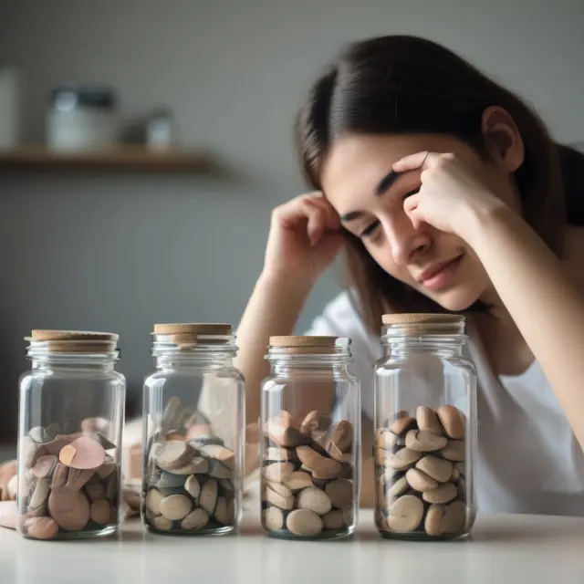 Person allocating funds to different jars for earmarked expenses, enhancing financial control