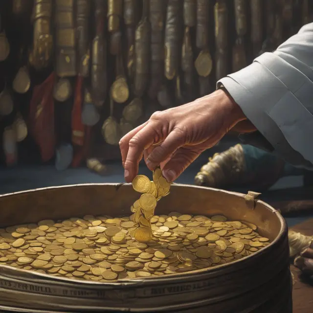 Senator distributes earmarks to district maps in a barrel of gold coins