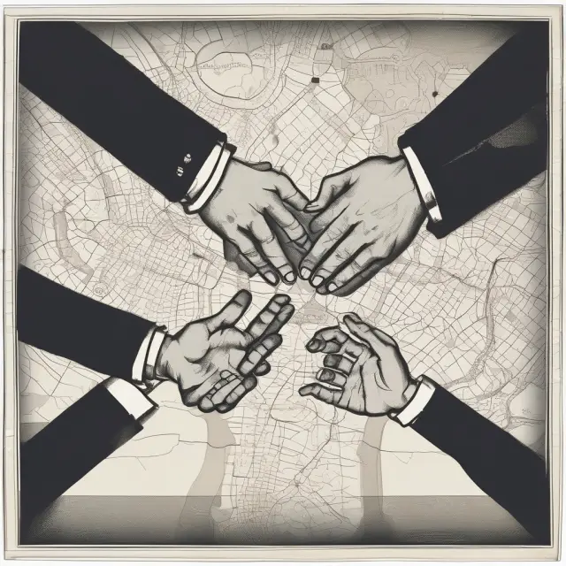 Two hands shaking over a map symbolizing political earmarks and the Bridge to Nowhere episode.