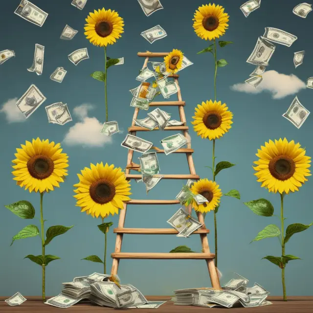 A ladder made of dollar bills assisting a sunflower