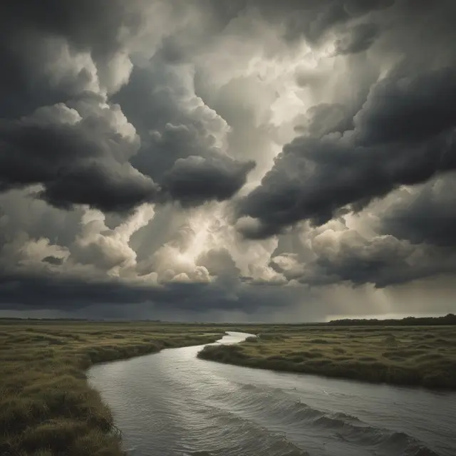 Storm clouds with rainwater flowing as historical loss data, illustrating the intricate calculation of earned premiums through the exposure method