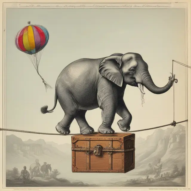 An elephant balancing a treasure chest on a tightrope over shifting graphs, representing the influence of factors like risk scenarios and historical data on earned premium calculations
