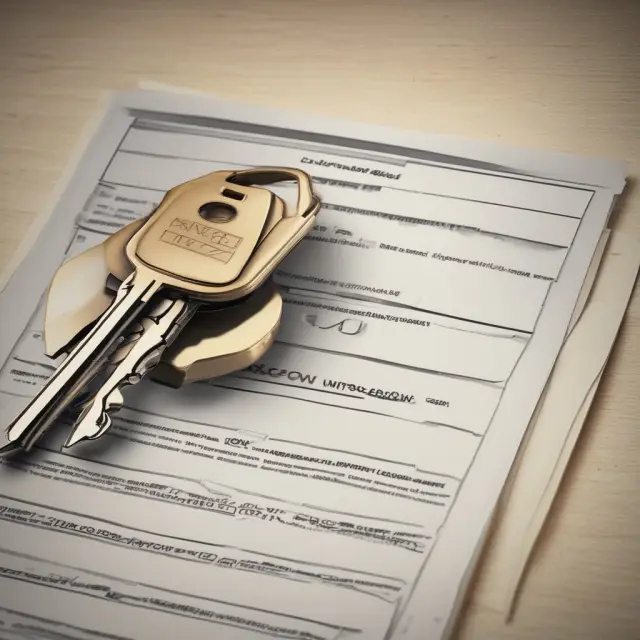 A protective shield formed by interlocking contract pages, symbolizing a secure real estate transaction, with an escrow account key inserted to emphasize safety.