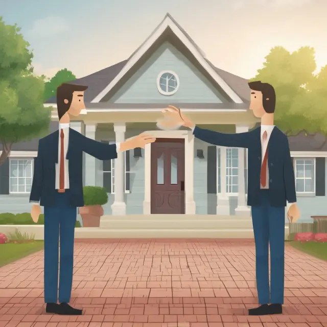 A handshake symbolizes earnest money deposit, while keys represent a down payment during a home purchasing process.