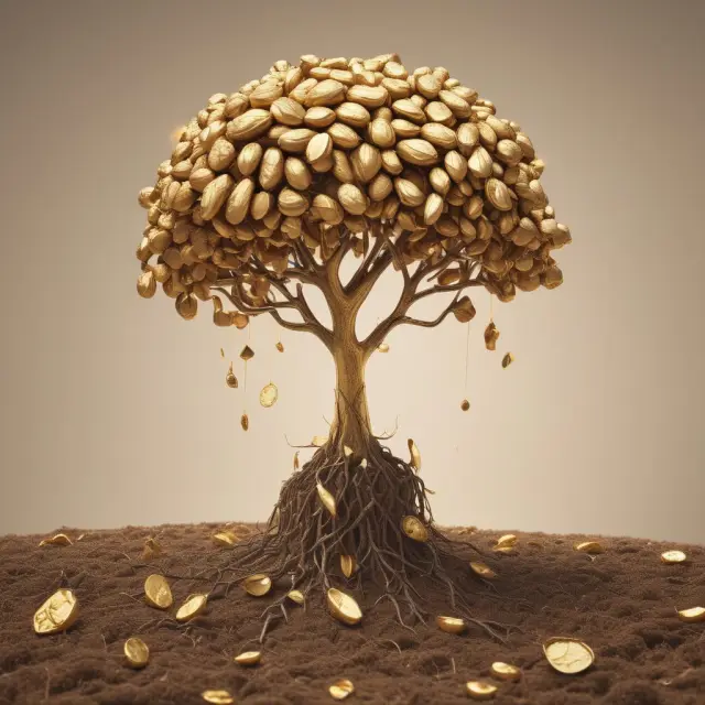A delicate golden seed representing earnest money transforming into a robust tree symbolizing trust, commitment, and the home buying process