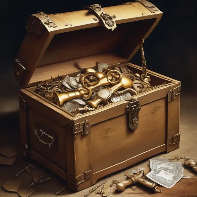 A seller holding gold keys inside an ornate treasure chest, signifying the importance and security of earnest money deposits in real estate transactions.