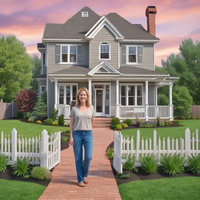 An image of Jane standing on a bridge, with the dream house in sight and an earnest money deposit chest in hand
