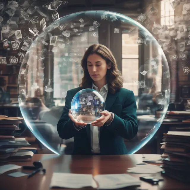 An analyst examines earnings reports within a crystal ball while reviewing DCF formulas and external industry trends
