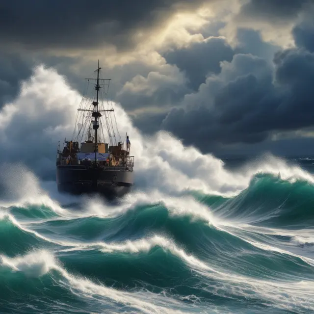 A turbulent sea calms as an earnings announcement ship brings clear financial insights for investors