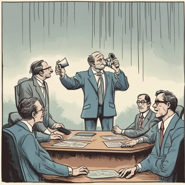 A conference call bridge with investors and analysts connecting to a megaphone-wielding figure, illustrating an earnings call as a platform for sharing financial updates and answering questions