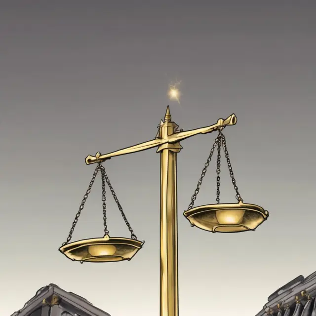 Golden scales represent earnings, balancing investor confidence and skepticism. Company profits determine stock price fluctuations.