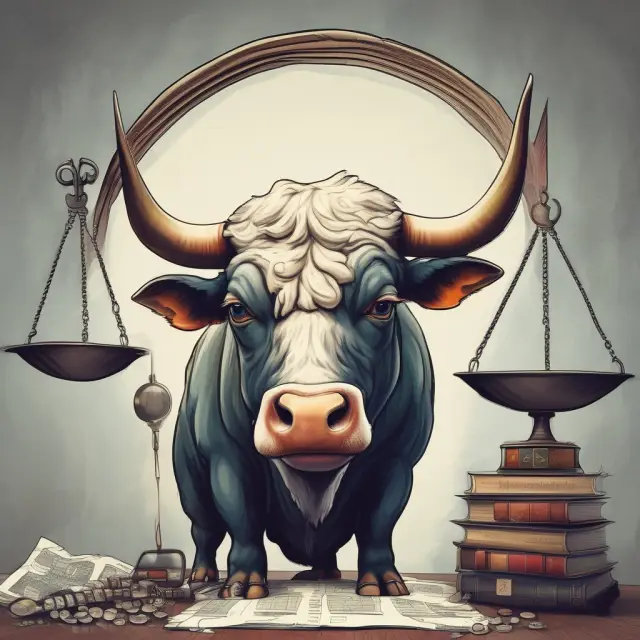 A stock market bull examines an earnings report, using a magnifying glass to scrutinize the figures and maintaining balance scales to weigh profits against expectations