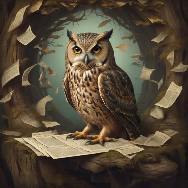 A wise owl sits on a branch, assessing its golden consensus earnings estimate nest. Surrounded by various fruits symbolizing potential investments and financial success.
