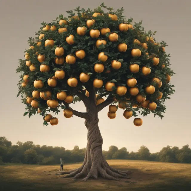 An Amazon logo apple tree bearing golden apples representing earnings exceeding analysts
