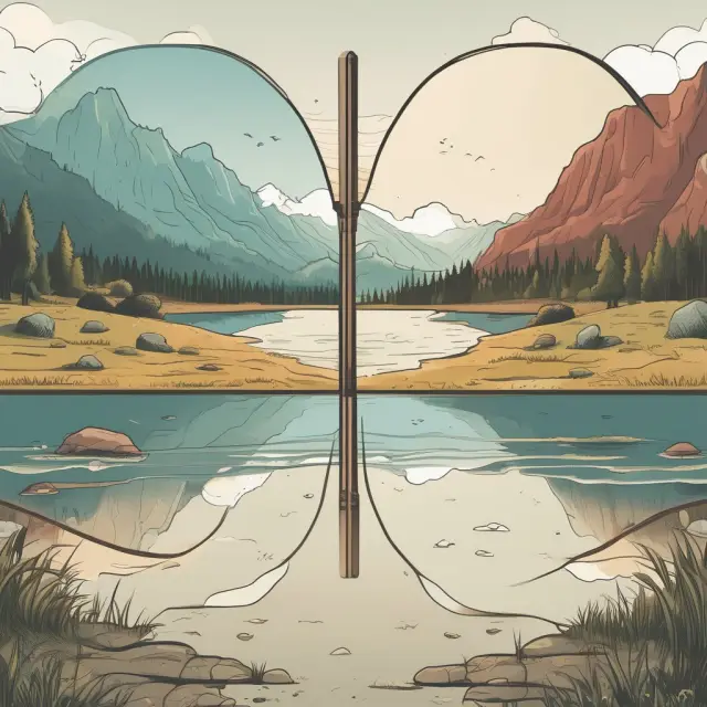 An image of two mirrors reflecting different scenes: one mirror shows a barren landscape with a narrow earnings multiplier, while the other depicts a lush terrain signifying growth potential