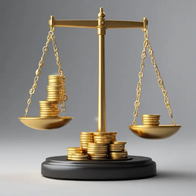 Golden coins symbolize EPS; stock price weights represent earnings multipliers. Balance illustrates companies compared based on P/E ratios.