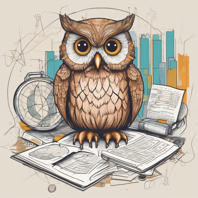 A wise owl examines financial statements, balanced atop scales symbolizing fundamental analysis and efficient markets theory, surrounded by charts for index funds