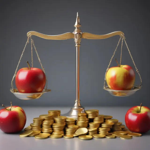 An investor holding a scale, with golden apples representing earnings yield and silver coins symbolizing interest rates