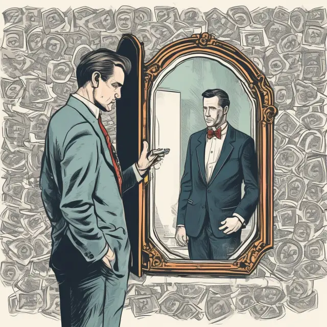 A value investor examines their reflection in the mirror-like surface of an earnings yield chart, identifying underpriced stocks