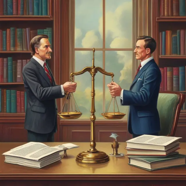 Seller and buyer negotiating earnout agreement. Scale represents fairness, with accounting books and hourglass symbolizing transparency and time.