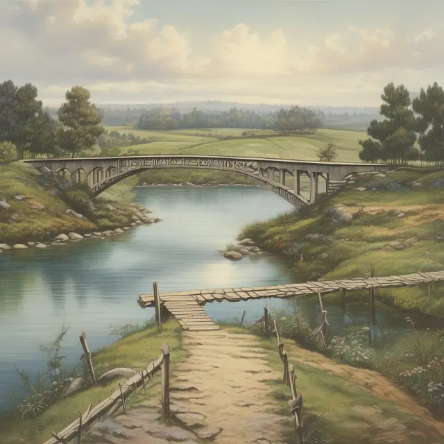 An image of two land parcels connected by a sturdy bridge representing an easement agreement, emphasizing fairness and mutual benefits
