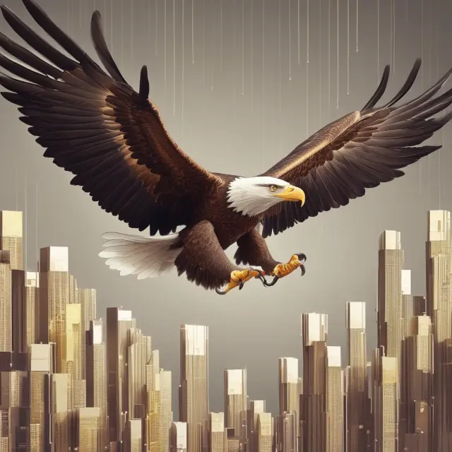 Golden eagle flying above stacks of financial reports, symbolizing operational profitability and strength with EBITA
