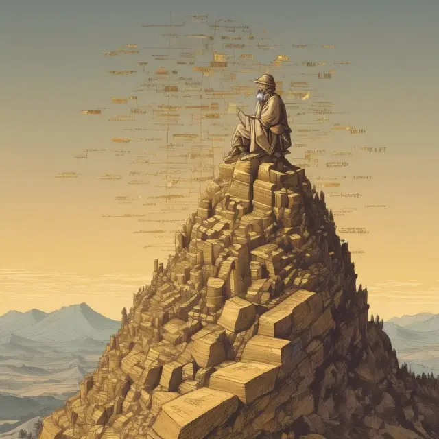 An ancient scholar examines EBIDA calculations on a mountain of financial data, representing comprehensive understanding and insight into company profitability.