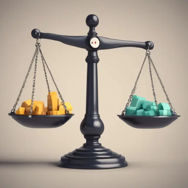 A balance scale with EBIDA represented by a gold weight and net income portrayed as a silver weight.