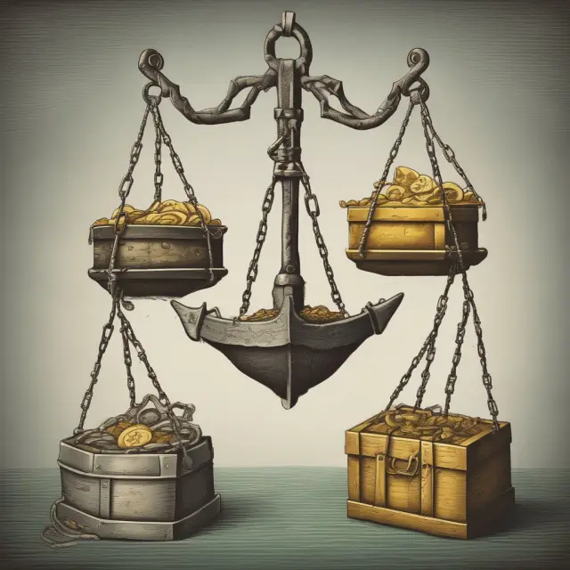 Visual representation of calculating Enterprise Value: scales for market capitalization, anchor and chain for debt, and a treasure chest for cash