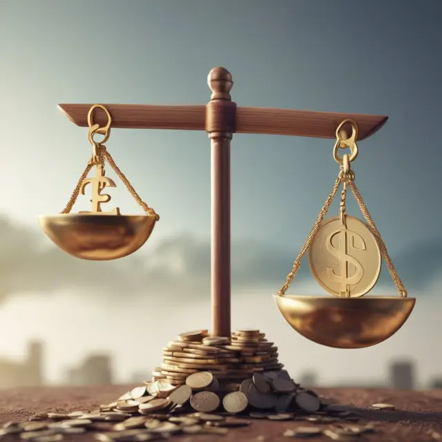 Golden coins symbolizing EBIT balanced atop a seesaw, while an anchor with a weight labeled 