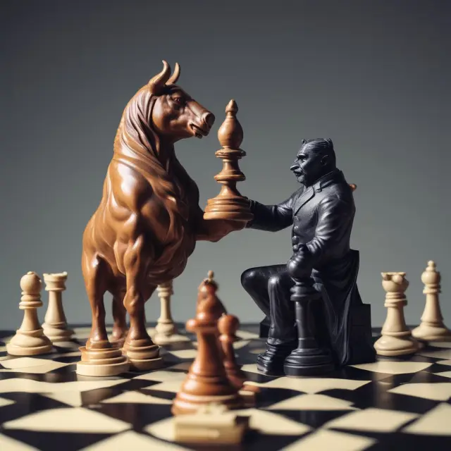 Bull and bear figures with intangible assets representing companies in a chess game, illustrating EBITDA/EV multiple
