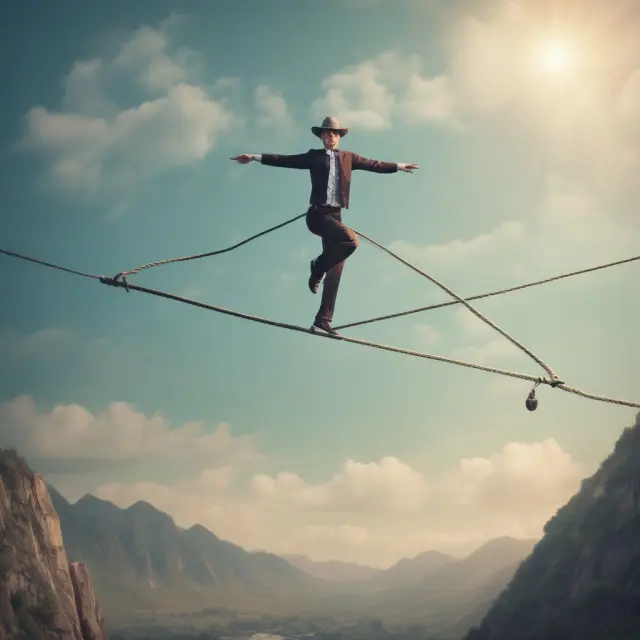 An agile financial acrobat, representing EBITDA, balances on a tightrope between profitability and net income, signifying their interconnectedness in assessing a company