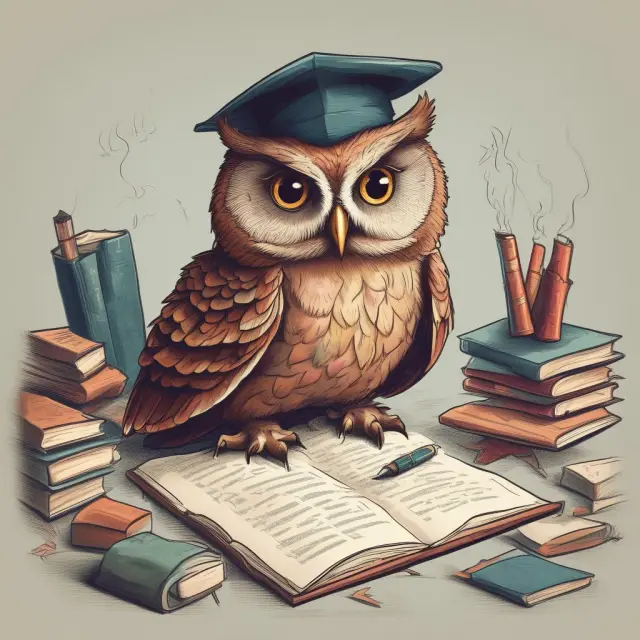 An owl with wisdom in its eyes, meticulously calculating EBITDA from a stack of financial reports