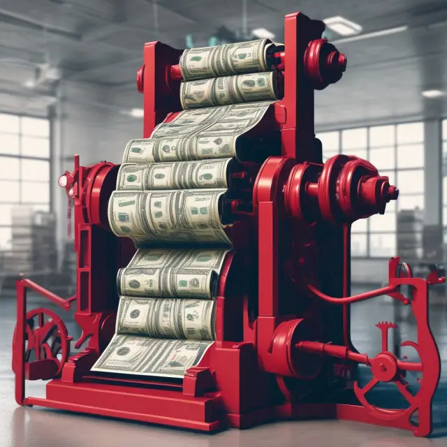A factory producing dollar bills while efficient red gears represent EBITDA, emphasizing operational efficiency and profitability.